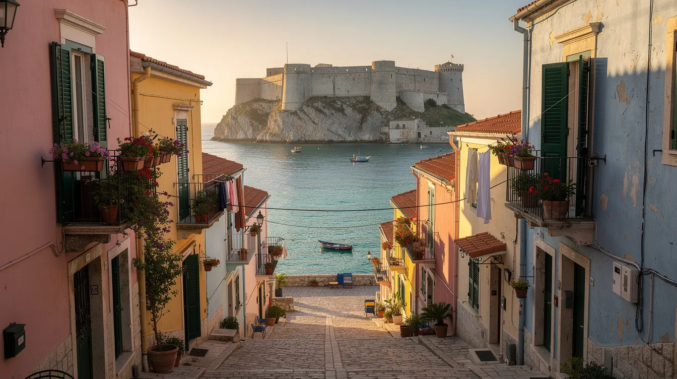 Das Bild zeigt die historische Altstadt von Korfu mit engen Gassen, pastellfarbenen Gebäuden und einer steinernen Festung, die majestätisch über das glitzernde Meer blickt. Diese charmante Stadt ist ein beliebtes Ziel für Urlauber, die die Geschichte und das mediterrane Flair der Insel Korfu erleben möchten.