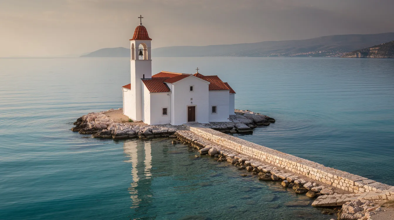 Das Bild zeigt ein weiß getünchtes orthodoxes Kloster mit rotem Dach und Glockenturm, das auf einer kleinen Halbinsel in der Nähe von Korfu liegt. Umgeben von ruhigem türkisblauem Wasser, ist das Kloster durch einen schmalen Steindamm mit dem Festland verbunden und bietet einen malerischen Ausblick auf das Meer.