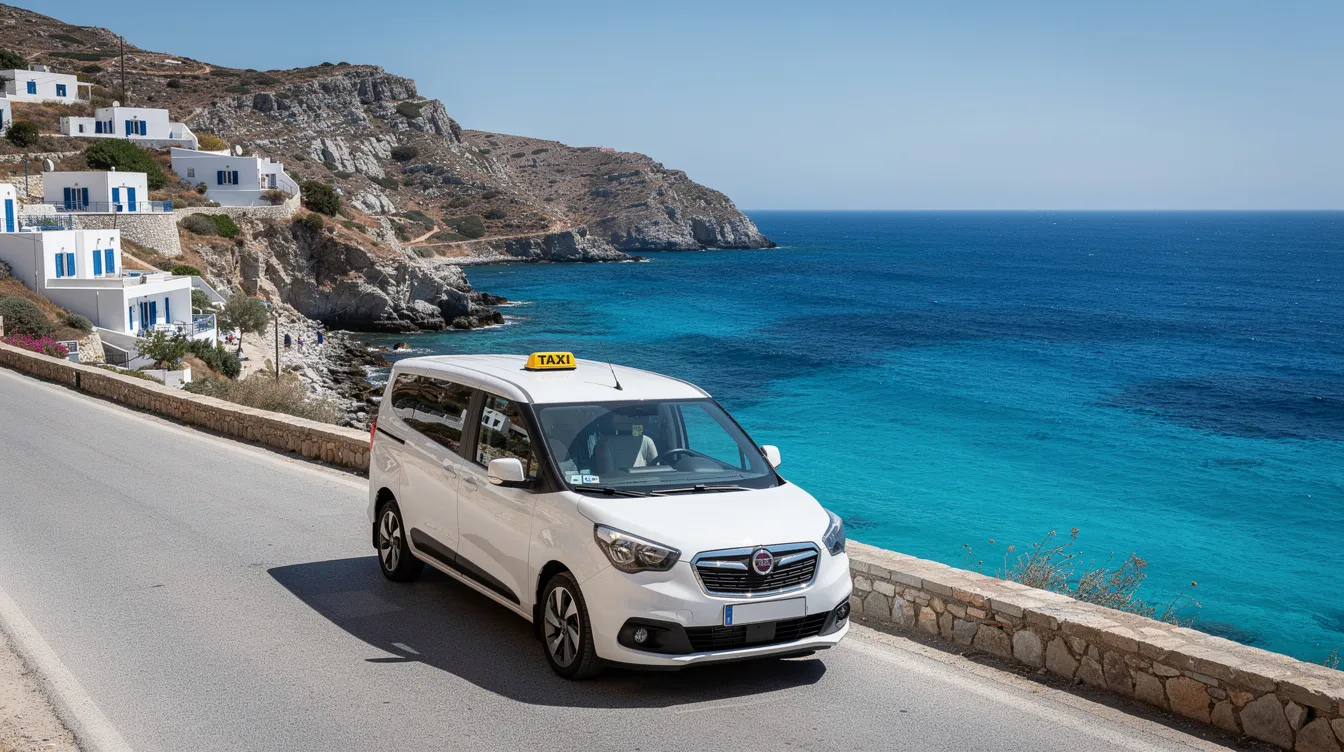 Ein Minivan-Taxi fährt entlang einer Küstenstraße mit dem türkisfarbenen Meer im Hintergrund auf einer griechischen Insel, vermutlich Korfu. Diese Taxifahrt bietet Touristen die Möglichkeit, die Schönheit der Strände und Sehenswürdigkeiten der Insel zu genießen.