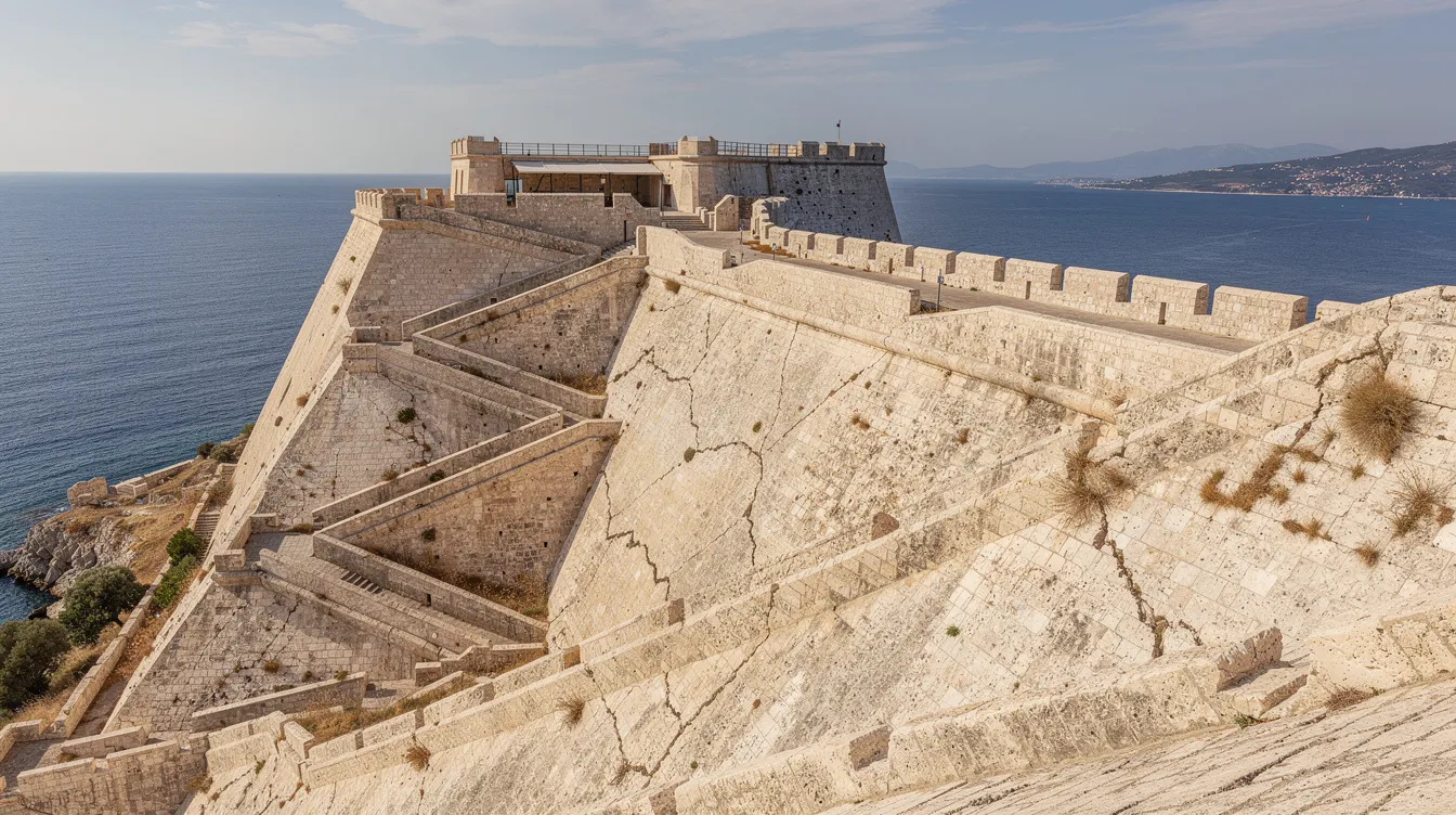 Die steilen Festungsrampen aus hellem Stein führen zu einer Plattform, die einen atemberaubenden Blick auf das Meer bietet. Diese beeindruckende Baukunst gehört zur neuen Festung von Korfu, einem wichtigen Teil der Geschichte und Verteidigung der Stadt.
