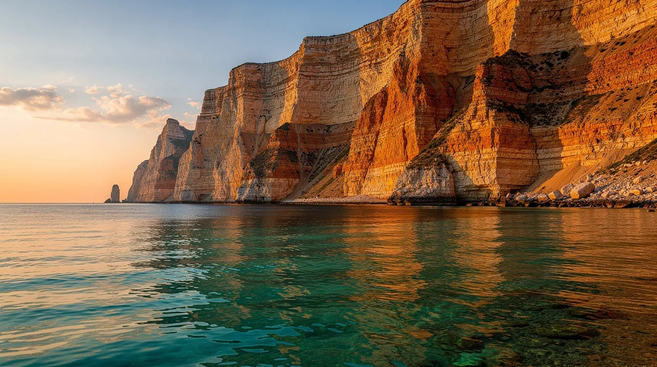 Das Bild zeigt dramatische Sandsteinfelsen, die steil ins ruhige, türkisfarbene Meer abfallen, während die goldene Stunde eine warme Lichtstimmung erzeugt. Diese Küstenlandschaft könnte an der nordwestlichen Küste der Insel Korfu liegen, die für ihre beeindruckenden Strände und die malerische Vegetation bekannt ist.