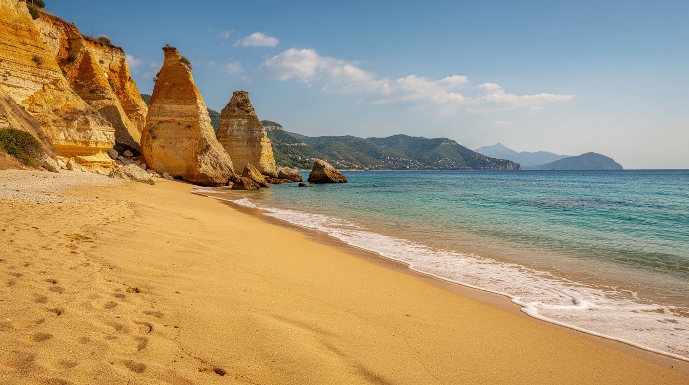 Ein goldener Sandstrand erstreckt sich entlang der Nordküste von Korfu, umgeben von markanten Sandsteinfelsen, während das türkisfarbene Meer sanft an die Küste plätschert. Dieser idyllische Ort in Sidari bietet eine entspannte Atmosphäre, die perfekt für Familien und Paare ist, die ihren Urlaub am Strand genießen möchten.