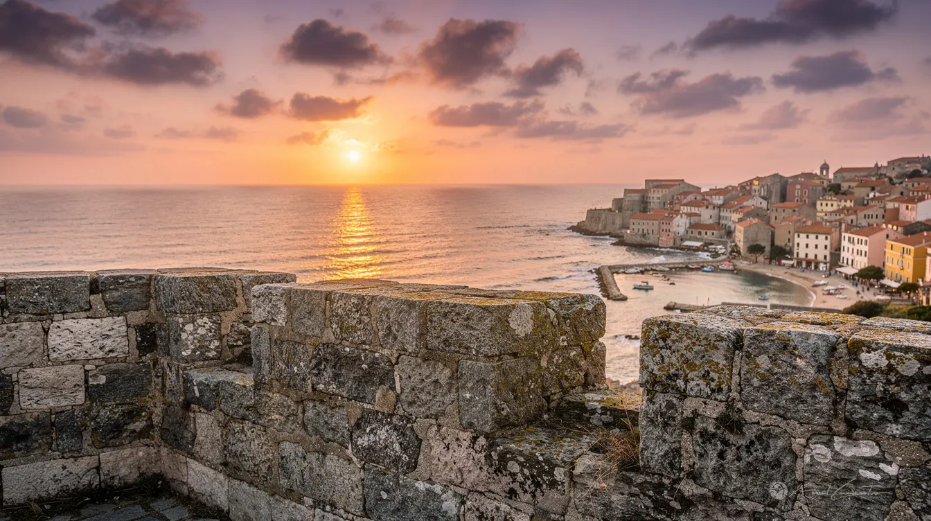 Ein atemberaubender Sonnenuntergang über dem Meer, gesehen von der alten Steinmauer einer Festung, bietet einen malerischen Blick auf die Küstenstadt Korfu. Die Festungsmauern und die historischen Gebäude der Stadt sind im sanften Licht der Dämmerung erleuchtet, während die Wellen sanft gegen die Küste schlagen.
