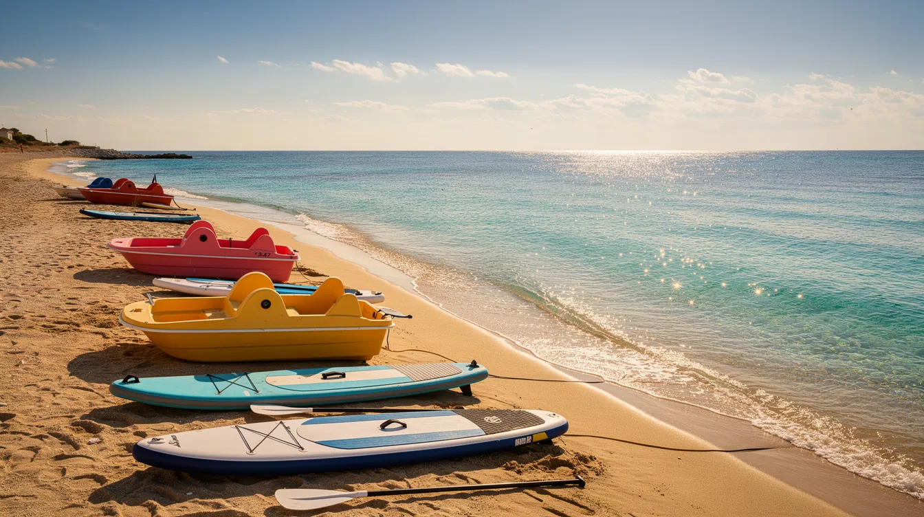 Am Glyfada Beach auf Korfu sind farbenfrohe Tretboote und Paddleboards auf einem goldenen Sandstrand zu sehen, umgeben von türkisblauem Wasser. Die malerische Kulisse lädt zum Entspannen und Wassersport ein.