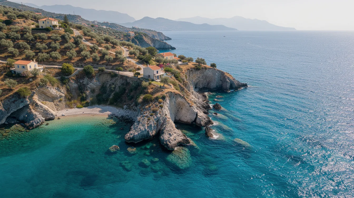 Eine Luftaufnahme der Halbinsel Kassiopi zeigt das türkisblaue Meer, umgeben von malerischen Felsbuchten und üppigen Olivenhainen auf den sanften Hügeln. Diese idyllische Landschaft auf Korfu vermittelt den Eindruck eines perfekten Urlaubsziels in Griechenland.