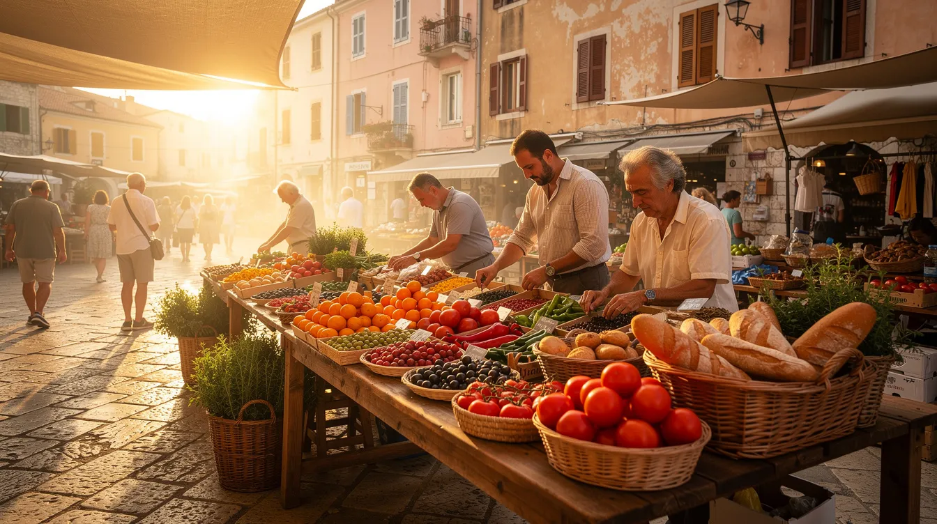 Eine morgendliche Szene an einem mediterranen Markt in Korfu zeigt Händler, die frisches Obst und Gemüse sowie kunsthandwerkliche Produkte auf Holztischen auslegen. Die Atmosphäre ist lebhaft, mit den Farben und Düften der Waren, die das Treiben der Kunden und die Vielfalt des Angebots unterstreichen.