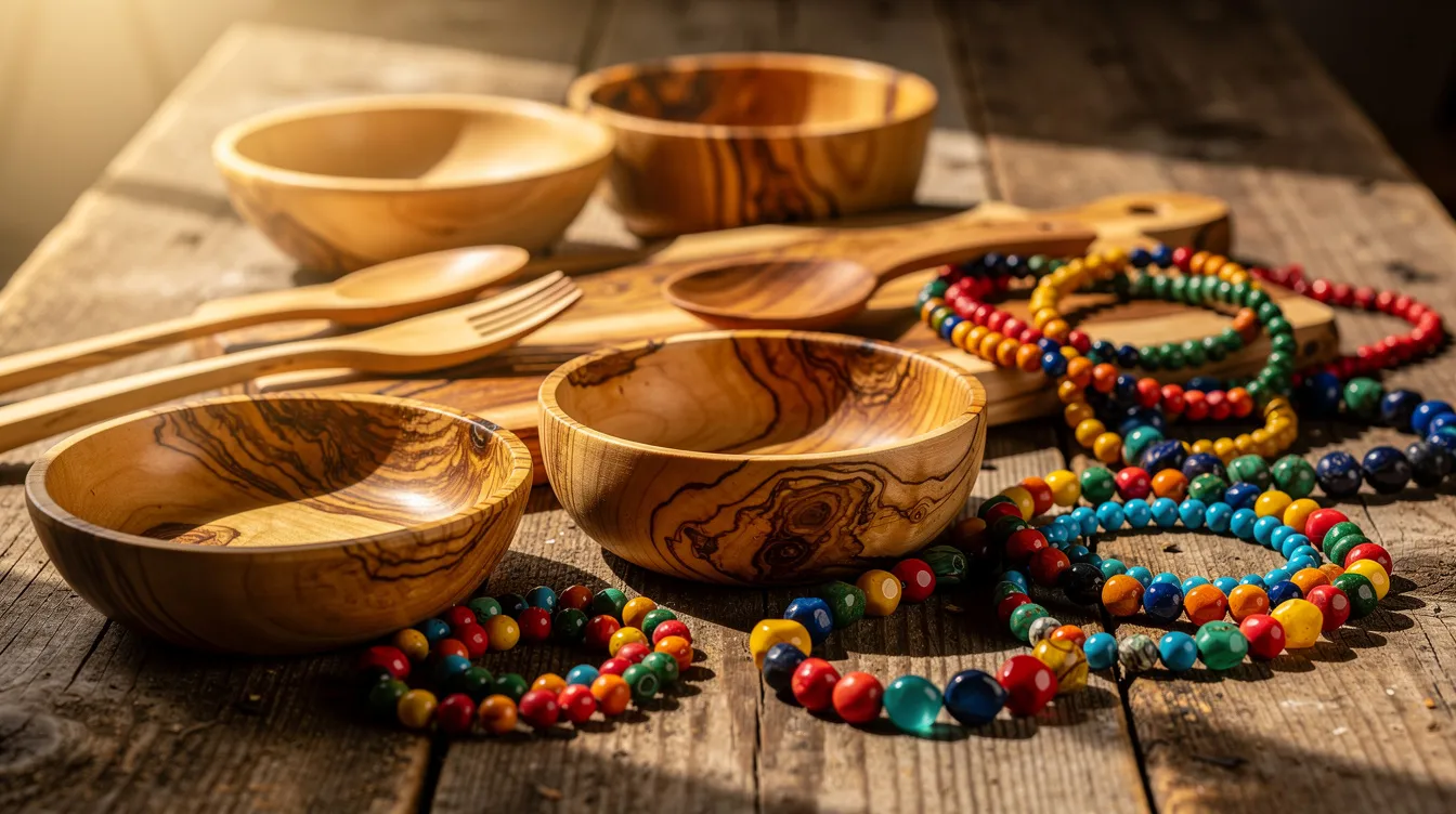 Auf einem Holztisch sind handgefertigte Olivenholzprodukte und bunte Perlenketten, auch bekannt als kombolóia, ausgestellt. Diese Vielfalt an Kunsthandwerk spiegelt die Traditionen und die Beliebtheit des Marktes in der Altstadt von Korfu wider.