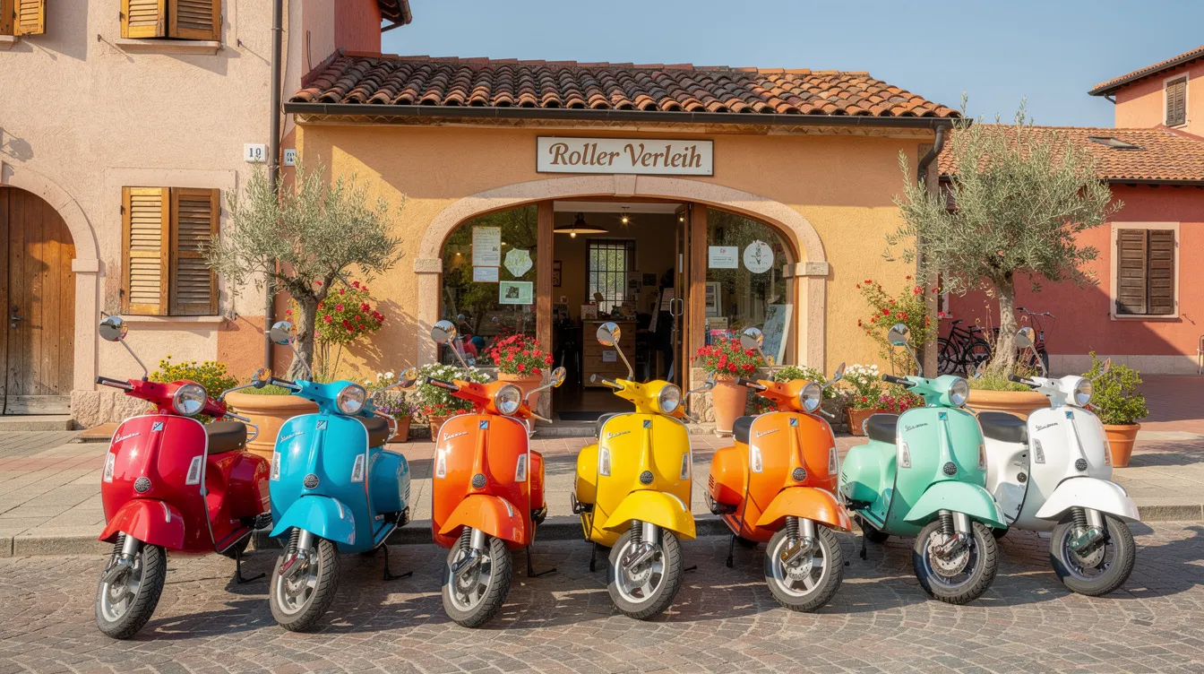 Bunte Vespa-Roller stehen ordentlich aufgereiht vor einem Verleih-Shop mit mediterraner Architektur im Hintergrund. Diese farbenfrohen Fahrzeuge laden zu aufregenden Vespa-Touren auf der Insel Korfu ein und versprechen viel Spaß beim Erkunden der Umgebung.