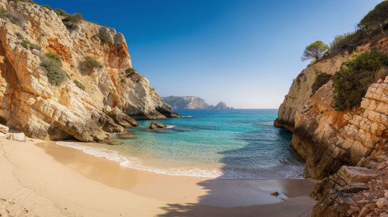 Das Bild zeigt einen malerischen Mittelmeerstrand, umrahmt von dramatischen Felsklippen und kristallklarem, türkisfarbenem Wasser, typisch für die Insel Korfu. Diese Szenerie verkörpert die natürliche Schönheit und die entspannende Atmosphäre, die Urlauber an die Strände der ionischen Inseln zieht.