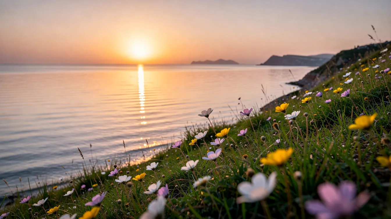 Ein malerischer mediterraner Sonnenuntergang über ruhigen Meeresgewässern, gesehen von einem grünen Hügel, der mit bunten Wildblumen geschmückt ist. Im Hintergrund sind die sanften Wellen des Ionischen Meeres zu erkennen, während die Insel Korfu mit ihrer üppigen Natur und den historischen Sehenswürdigkeiten im Vordergrund steht.