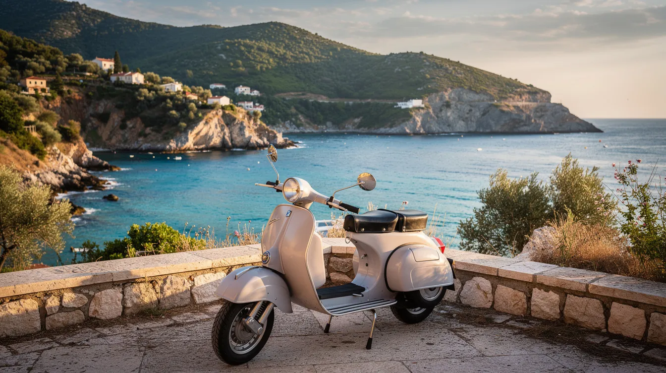 Ein Motorroller steht geparkt an einem malerischen Aussichtspunkt auf Korfu, mit Blick auf das türkisblaue Meer und die grünen Hügel. Diese Szene bietet die perfekte Kulisse für ein unvergessliches Vespa-Erlebnis und lädt zu aufregenden Vespa Touren ein.