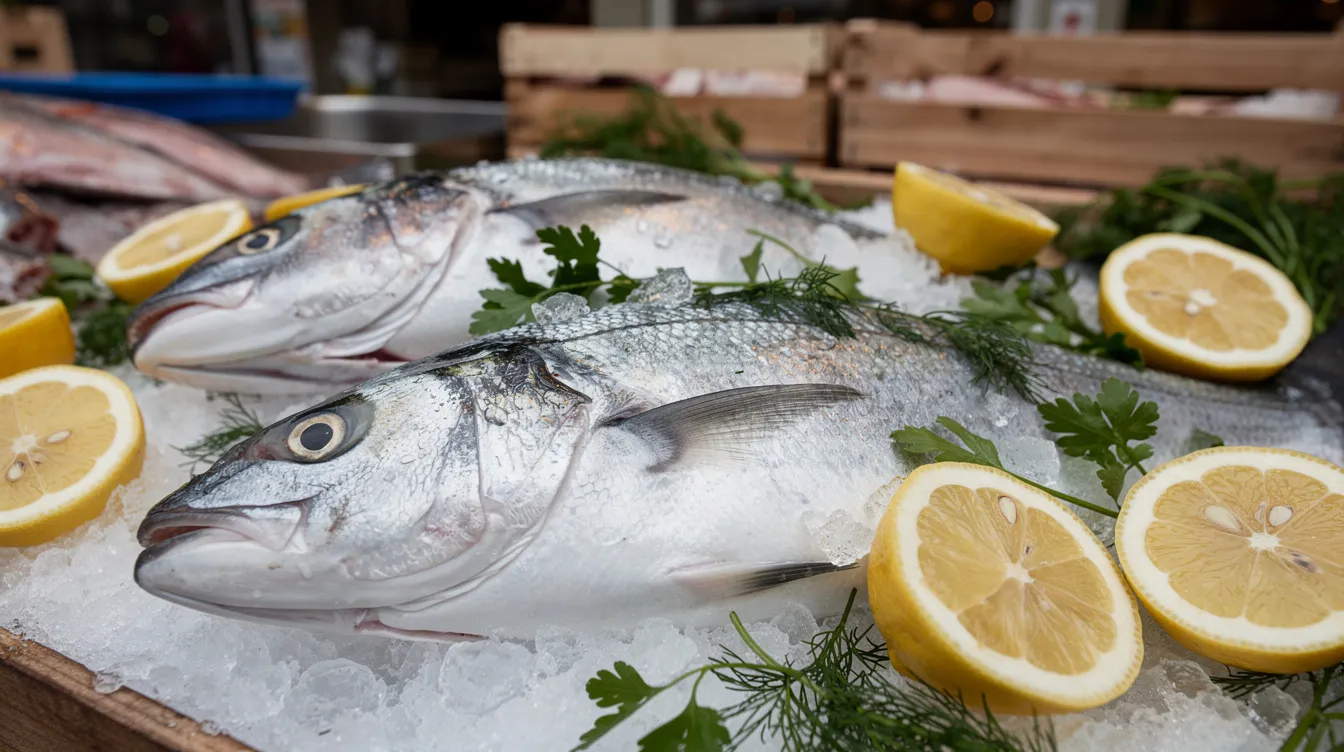 Ein Marktstand auf Korfu zeigt frischen Fisch, der auf Eis präsentiert wird, umgeben von leuchtend gelben Zitronen und duftenden Kräutern. Diese Vielfalt an frischen Lebensmitteln spiegelt die lokale Kultur und die Angebote des Wochenmarkts wider.