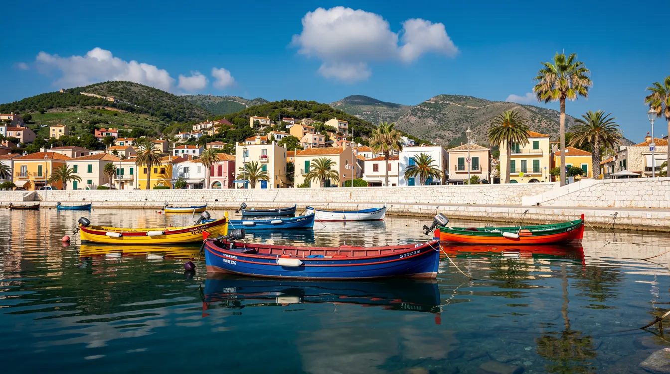 Ein ruhiger Hafen in Benitses auf Korfu zeigt kleine bunte Boote, die sanft auf dem Wasser schaukeln, umgeben von der mediterranen Küste und einem strahlend blauen Himmel. Diese malerische Landschaft lädt Touristen ein, die entspannte Atmosphäre des Fischerdorfs zu genießen.