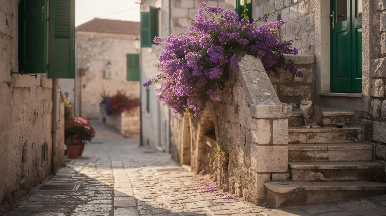 Eine enge, gepflasterte Gasse in Liapades, umgeben von alten Steinhäusern mit lila blühender Bougainvillea und grünen Holzfensterläden, während eine Katze entspannt auf der Treppe sitzt. Dieses idyllische Dorf auf der Insel Korfu strahlt den Charme Griechenlands aus und ist ein beliebter Ort für Urlauber.
