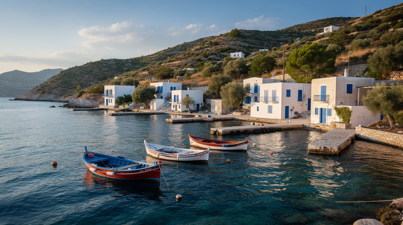 Ein malerischer Blick auf das griechische Fischerdorf Benitses an der Ostküste von Korfu, mit einem kleinen Hafen, in dem bunte Fischerboote schaukeln. Im Hintergrund erheben sich grüne Hügel vor dem klaren blauen Meer, das eine entspannte Urlaubsatmosphäre ausstrahlt.
