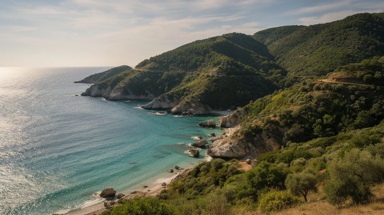 Ein atemberaubender Panoramablick auf die grüne Küste Korfus zeigt das türkisfarbene Meer, das sanft an bewaldete Hügel und idyllische Buchten schwappt. Diese Landschaft verkörpert das Urlaubsgefühl auf der griechischen Insel und lädt dazu ein, die Natur und die Schönheit der Strände zu genießen.