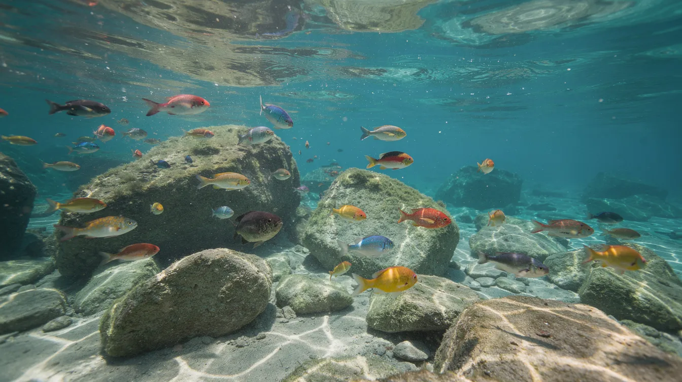 Die Unterwasseraufnahme zeigt eine Vielzahl bunter Fische, die lebhaft um Felsen in einer mediterranen Bucht schwimmen, ein perfekter Ort zum Schnorcheln auf Korfu. Diese beeindruckende Unterwasserwelt ist ein wahres Paradies für Schnorchelfans und bietet eine atemberaubende Sicht auf die Meeresfauna.