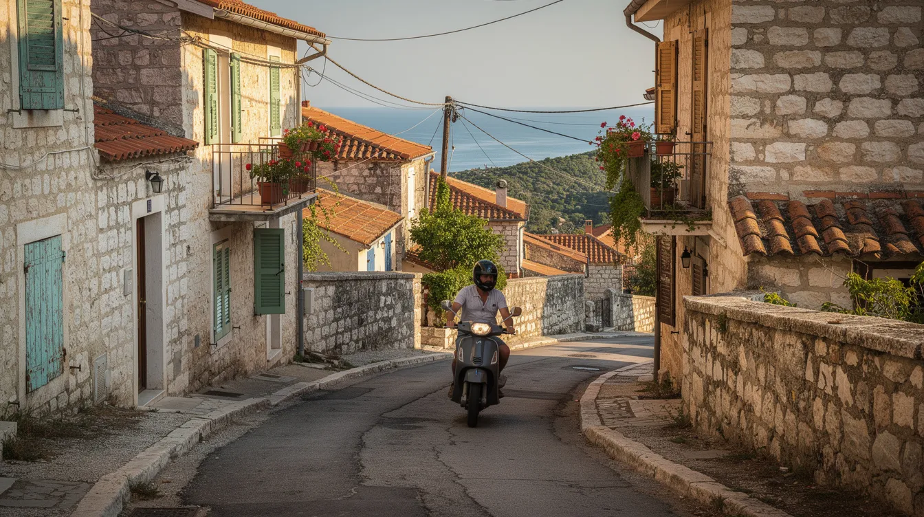 Ein Rollerfahrer mit Helm fährt auf einer schmalen Dorfstraße in Korfu, umgeben von traditionellen Steinhäusern. Diese Szene vermittelt ein Gefühl von Abenteuer und Freiheit, ideal für Vespa Touren auf der malerischen Insel Griechenland.