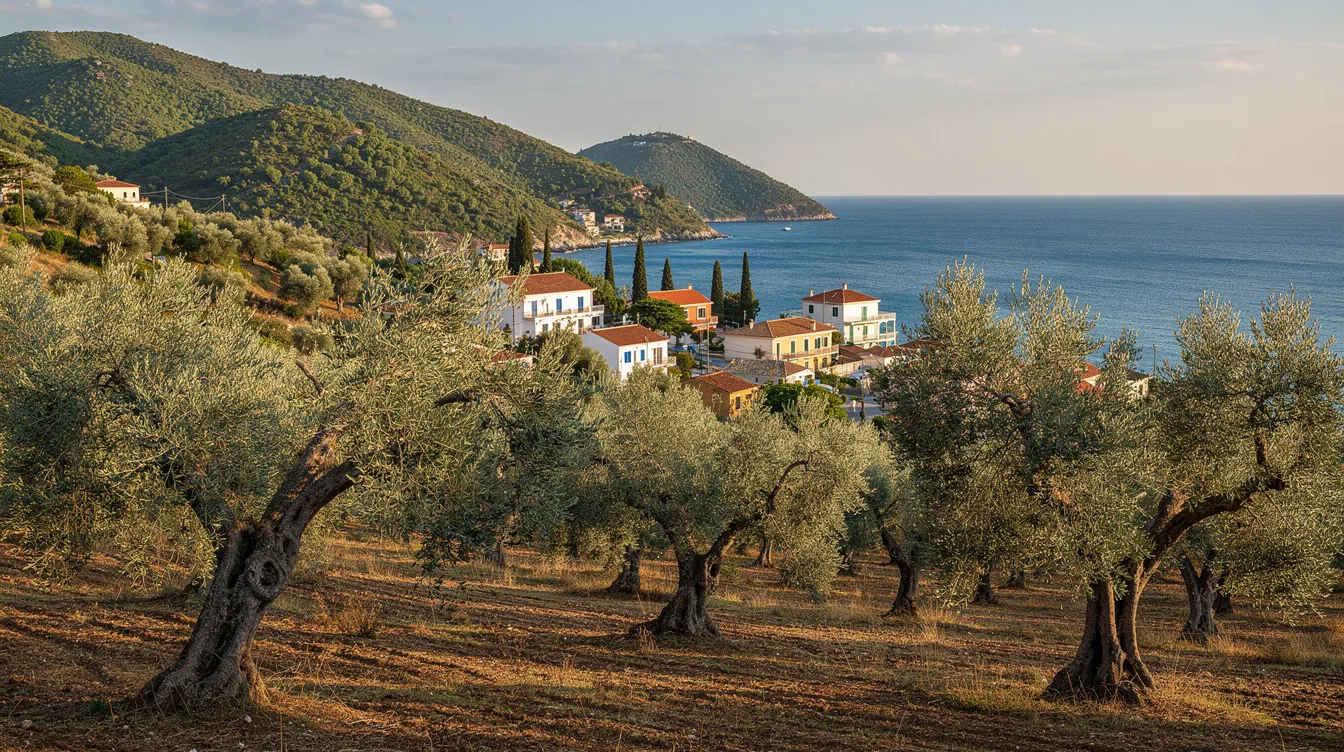 Das Bild zeigt die malerischen Olivenhaine und sanften grünen Hügel, die sich hinter dem Küstenort Moraitika auf Korfu erstrecken. Im Hintergrund sind die typischen griechischen Landschaften zu sehen, die diesen beliebten Badeort an der Südostküste der Insel umgeben.