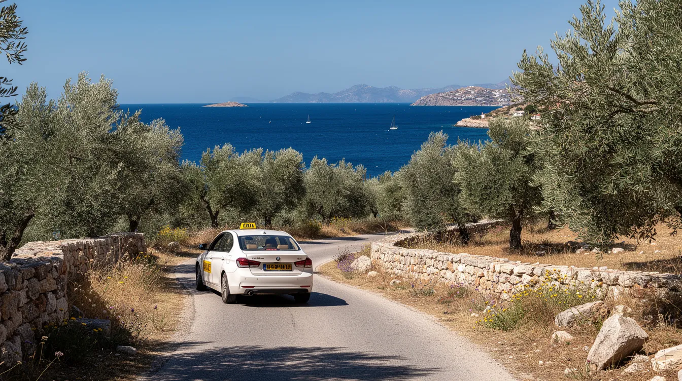 Ein malerischer schmaler Weg auf der griechischen Insel Korfu, gesäumt von Olivenhainen, während ein weißes Taxi vorbeifährt und im Hintergrund das glitzernde Meer zu sehen ist. Diese Route bietet Reisenden eine komfortable Möglichkeit, die Sehenswürdigkeiten und Strände der Insel zu erkunden.