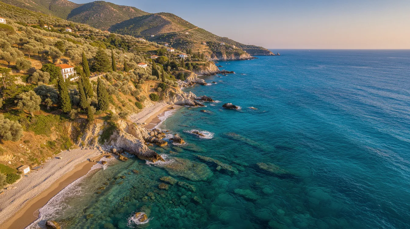 Die Luftaufnahme zeigt die malerische Küste von Korfu, wo sich türkisblaues Wasser sanft an grüne Hügel schmiegt. Diese idyllische Landschaft ist ein beliebtes Ziel für Strandurlauber und bietet zahlreiche Möglichkeiten für Flüge nach Korfu.