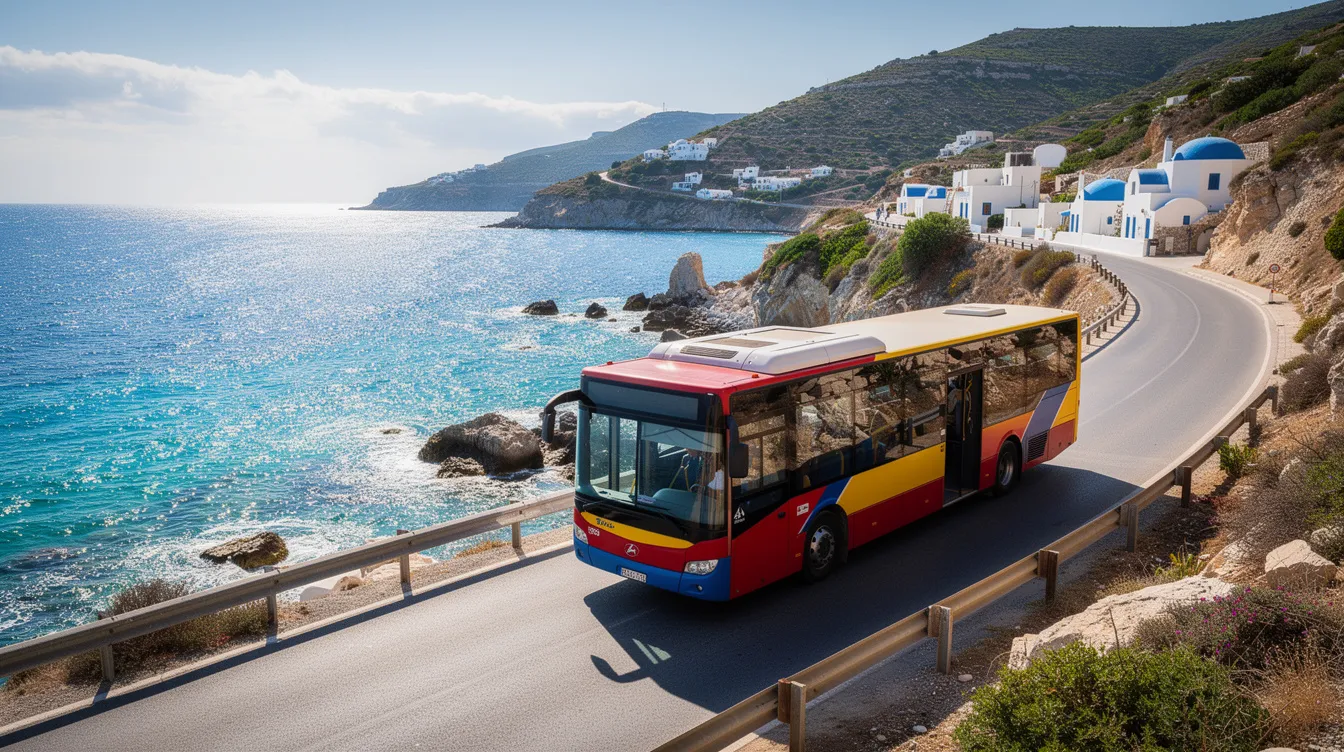 Ein bunter Stadtbus fährt entlang einer malerischen Küstenstraße auf der griechischen Insel Korfu, während im Hintergrund das türkisfarbene Meer und grüne Hügel sichtbar sind. Diese Szene zeigt die Schönheit der Insel und die Busverbindungen zu den Sehenswürdigkeiten.
