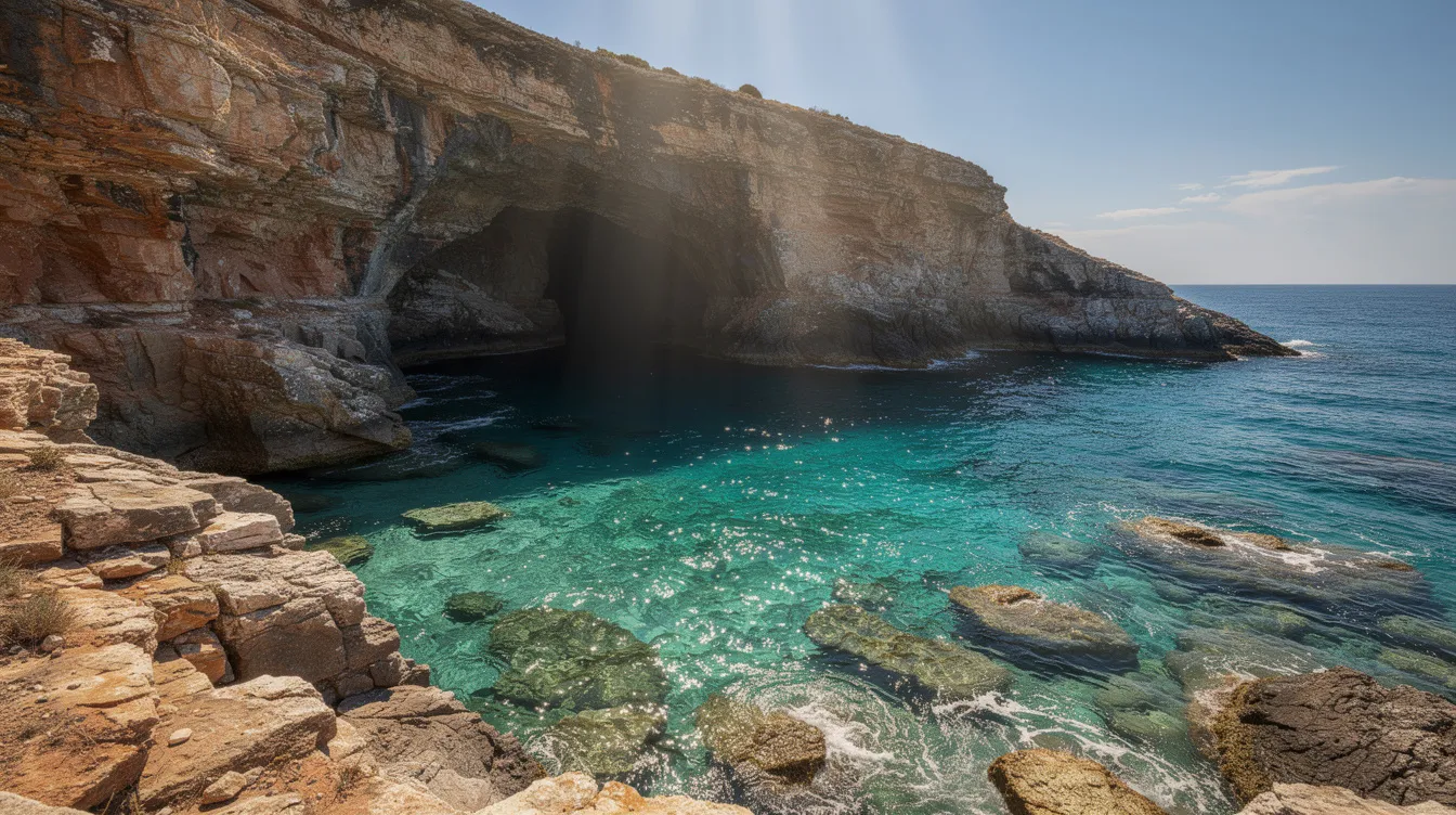 Die Felsenküste mit einem Höhleneingang am türkisblauen Meer strahlt im Sonnenlicht und bietet einen atemberaubenden Blick auf die Wasseroberfläche. Diese malerische Szenerie auf Korfu ist ein ideales Ziel für Schnorchelausflüge und lädt dazu ein, die faszinierende Unterwasserwelt zu erkunden.