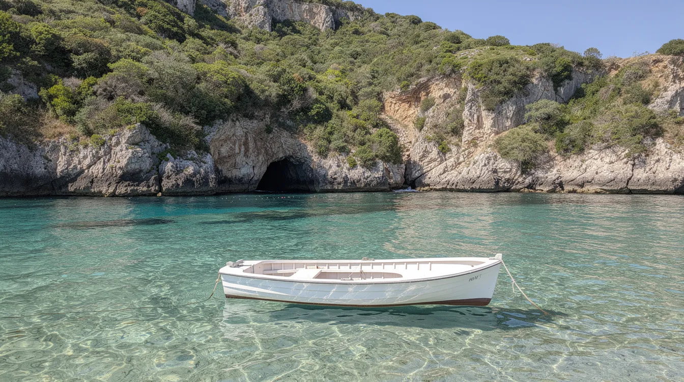 Ein kleines weißes Motorboot schaukelt sanft auf dem kristallklaren, türkisen Wasser vor hohen, grünen Felsklippen, die eine kleine Höhle umrahmen. Diese malerische Szenerie befindet sich in Liapades, einem charmanten Dorf auf der Insel Korfu, umgeben von der Schönheit der ionischen Inseln.