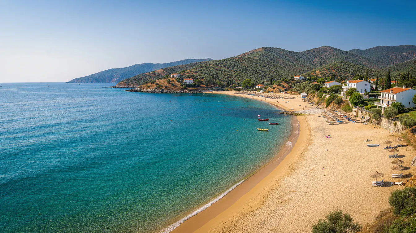 Ein Panoramablick auf den Strand von Moraitika zeigt das türkisfarbene Wasser des Meeres, umgeben von grünen Hügeln im Hintergrund. Dieser beliebte Badeort an der Südostküste von Korfu ist ideal für Urlauber, die die Schönheit der griechischen Insel genießen möchten.