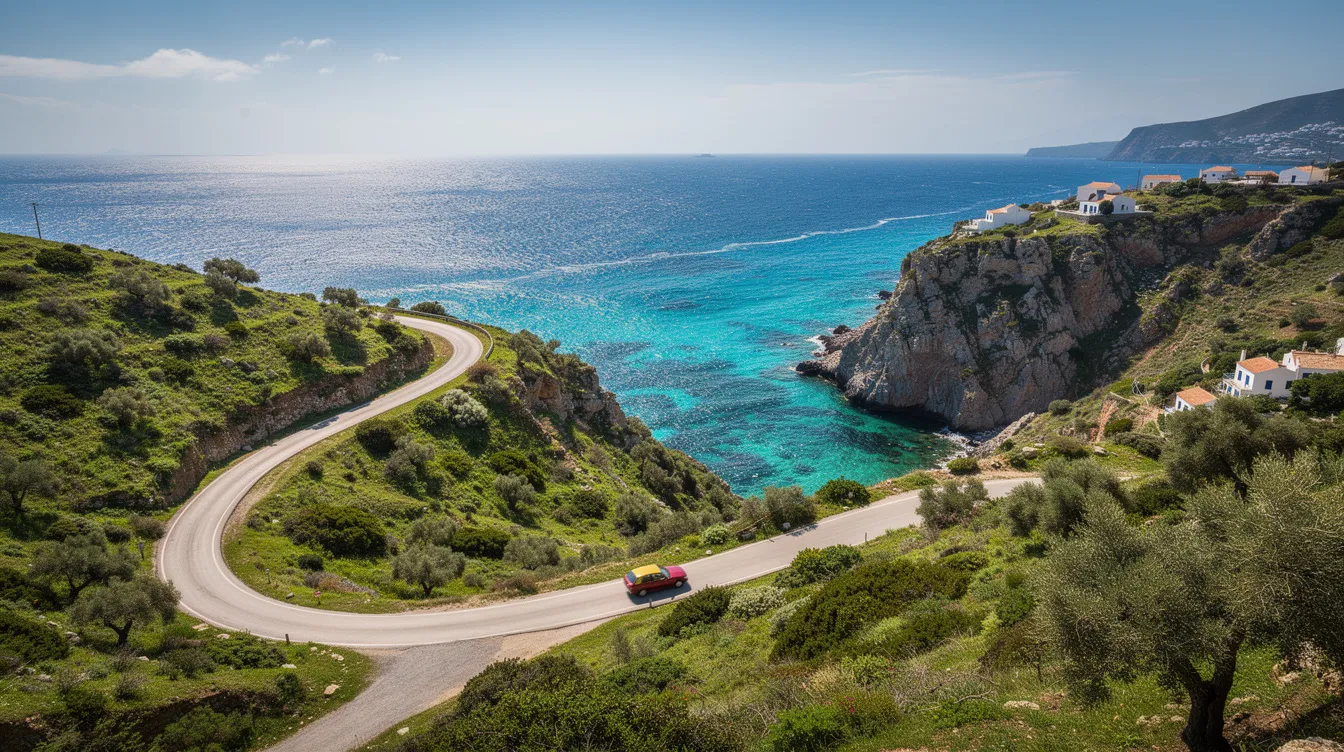 Ein Panoramablick zeigt eine kurvenreiche Küstenstraße auf einer üppig grünen griechischen Insel, während ein kleines Auto, möglicherweise ein Mietwagen auf Korfu, gemächlich entlang der Straße fährt. Im Hintergrund leuchtet das türkisfarbene Meer und vermittelt ein Gefühl von Freiheit und Urlaub.