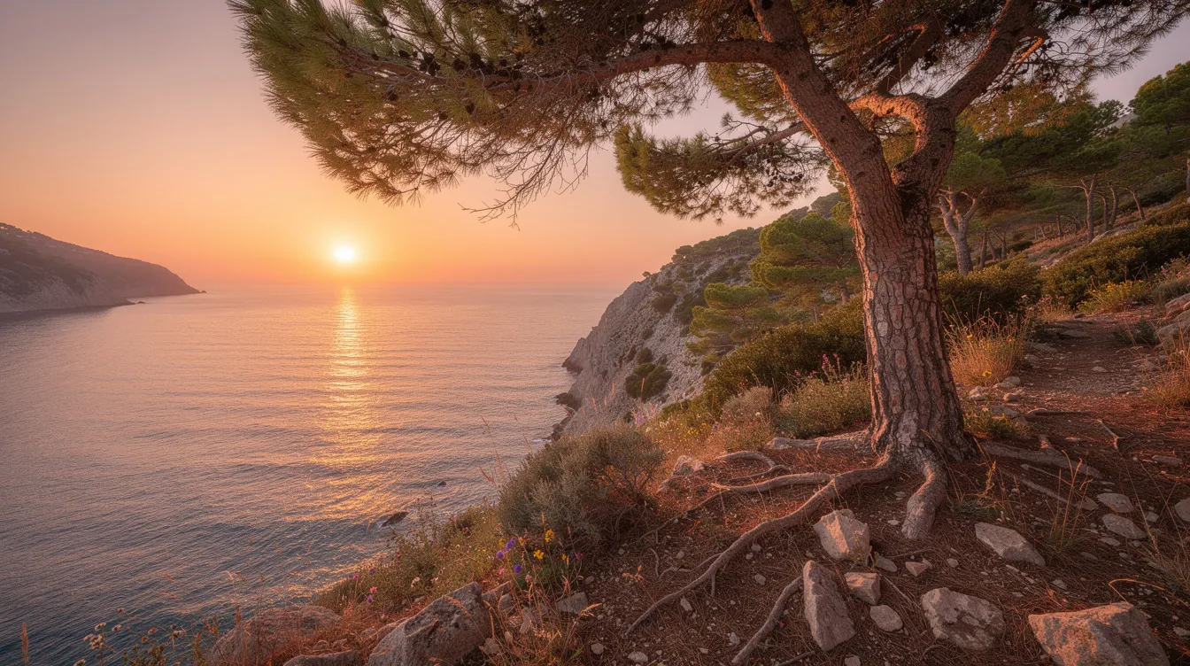 Ein malerischer Sonnenuntergang über dem Meer, gesehen von einer Klippe, umgeben von Kiefern und mediterraner Vegetation, bietet einen atemberaubenden Blick auf die Westküste von Korfu. Die Farben des Himmels spiegeln sich im Wasser wider und schaffen eine romantische Atmosphäre, ideal für einen Urlaubsort wie Ermones.