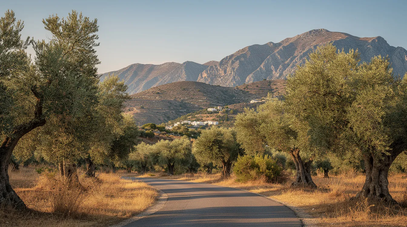 Eine kurvenreiche Straße führt durch Olivenhaine auf einer griechischen Insel, während im Hintergrund majestätische Berge zu sehen sind. Diese idyllische Landschaft könnte ein beliebtes Ziel für Touristen sein, die mit dem Korfu Bus die Sehenswürdigkeiten der Insel erkunden möchten.