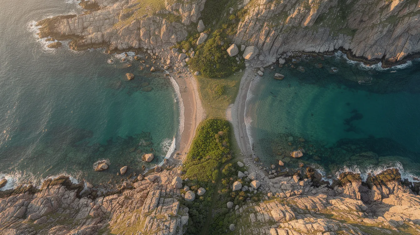 Die Luftaufnahme zeigt eine beeindruckende Doppelbucht mit türkisblauem Wasser, die durch eine schmale grüne Halbinsel voneinander getrennt ist. Umgeben von felsiger Küste, bietet die Landschaft eine malerische Kulisse für Wanderer, die die Schönheit der griechischen Insel Korfu erkunden möchten.
