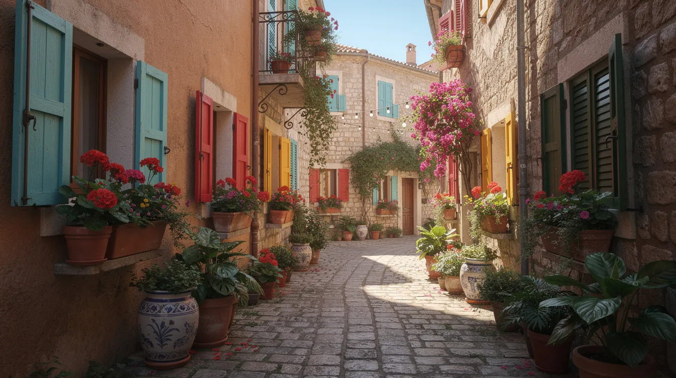 Eine enge Kopfsteinpflastergasse in der Altstadt von Korfu, gesäumt von bunten Fensterläden und mit Blumentöpfen dekoriert, vermittelt eine mediterrane Atmosphäre. Hier sind zahlreiche Geschäfte und Marktstände, die eine Vielfalt an einheimischen Produkten, Kunsthandwerk und Souvenirs anbieten.