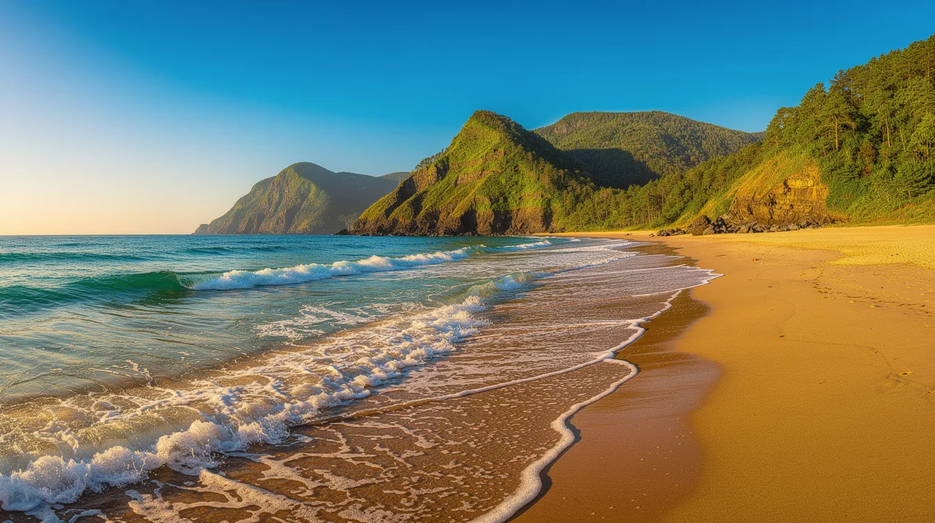 Ein Panoramablick zeigt den breiten goldenen Sandstrand von Glyfada auf der Insel Korfu, umgeben von türkisblauem Meer und grünen bewaldeten Steilhängen im Hintergrund. Die Szenerie vermittelt ein Gefühl von Ruhe und Schönheit, ideal für einen entspannten Urlaub.