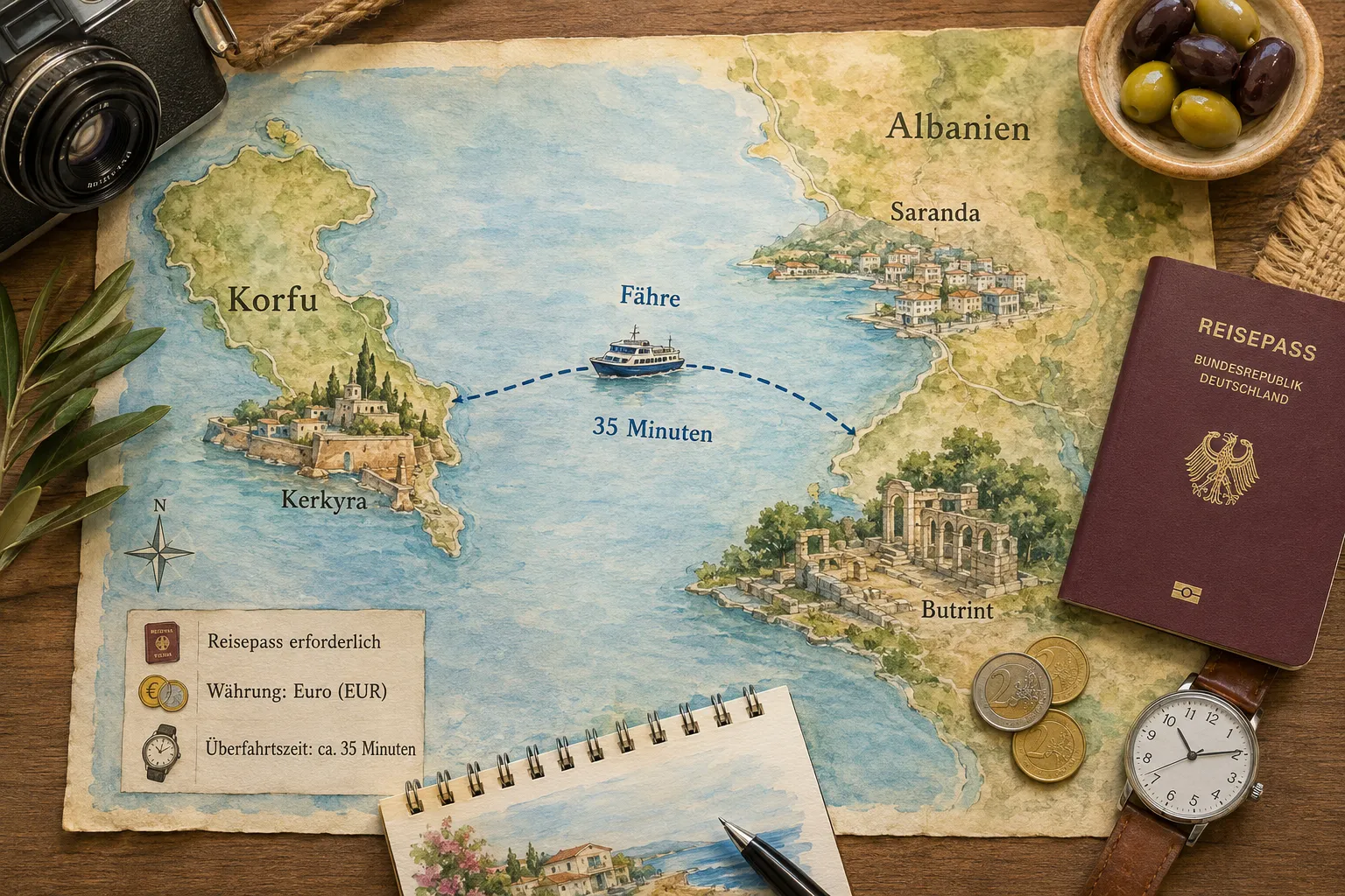 Detailed () editorial illustration showing a practical day-trip planning overview: a hand-drawn style map of the short sea