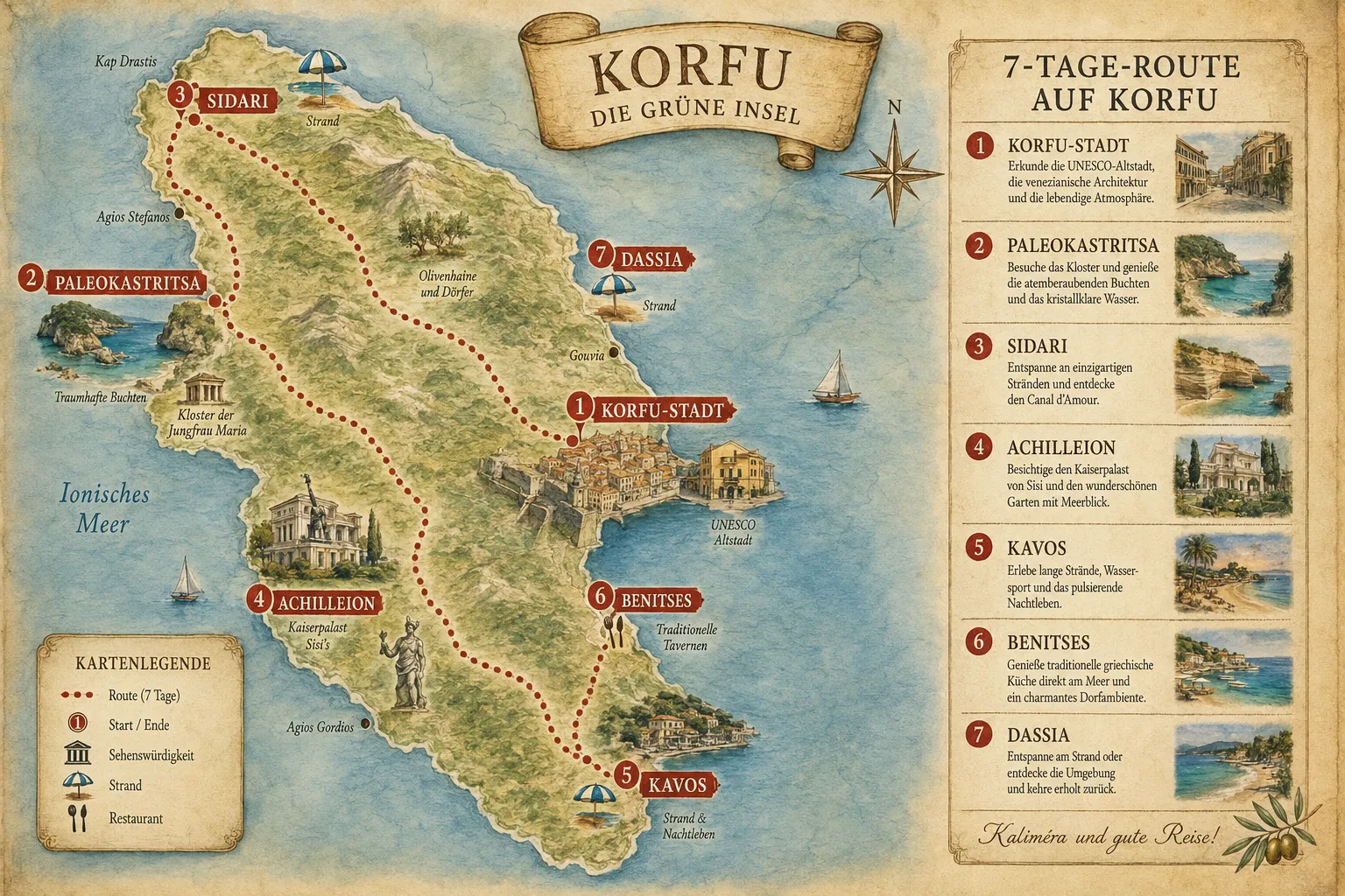 Detailed () infographic-style illustration showing a hand-drawn map of Corfu island with a 7-day route marked in dotted red