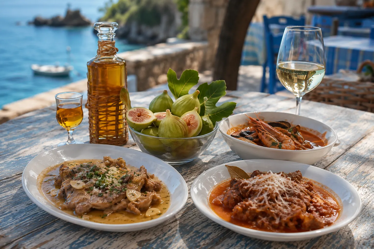 () detailed food photography spread showing a variety of Corfiot specialties arranged on a weathered wooden table: sofrito,