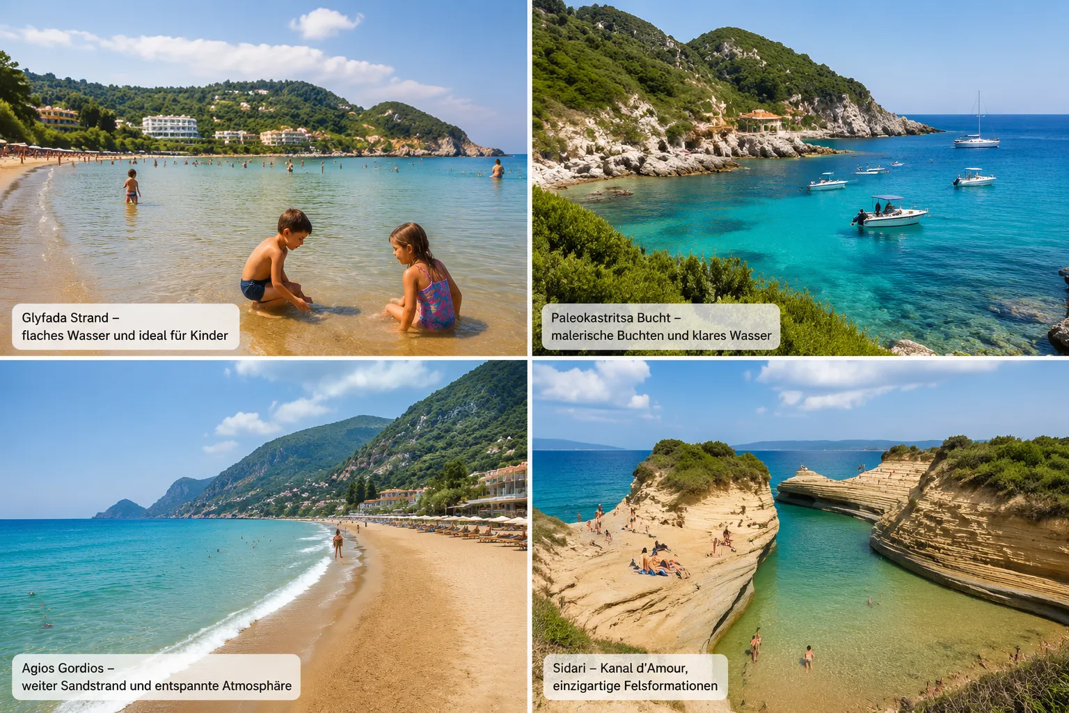 () editorial image showing a collage-style visual of four distinct Korfu family beach scenes: Glyfada Strand mit flachem