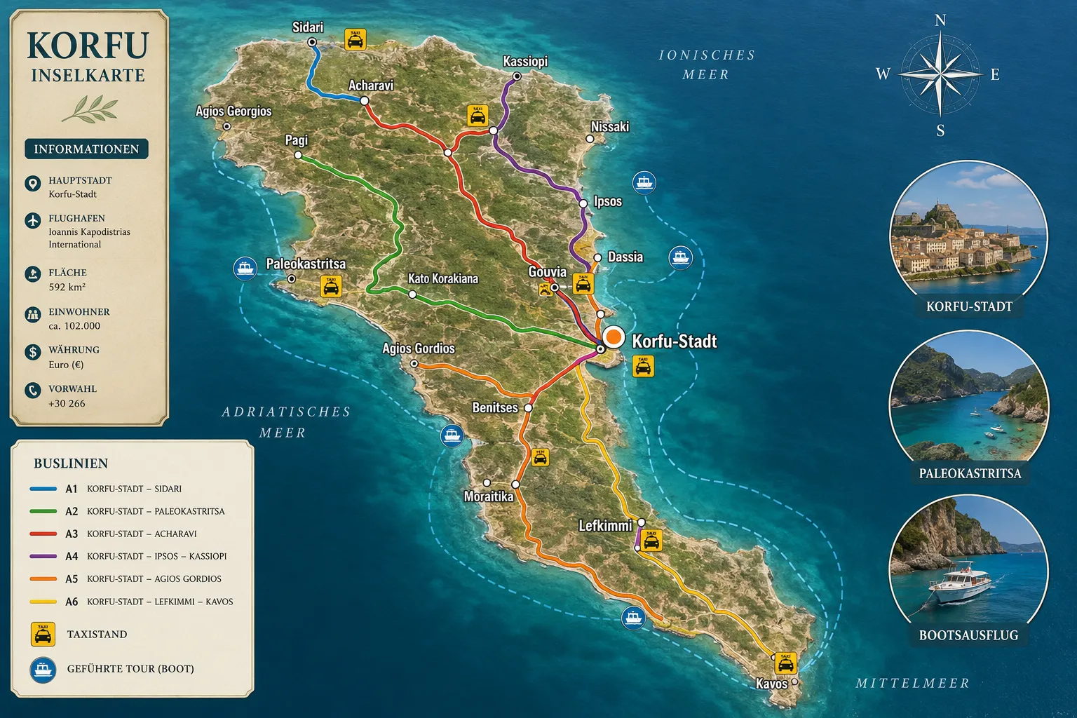 () detailed infographic-style illustration showing a Korfu island map with color-coded bus routes, taxi stand icons, and