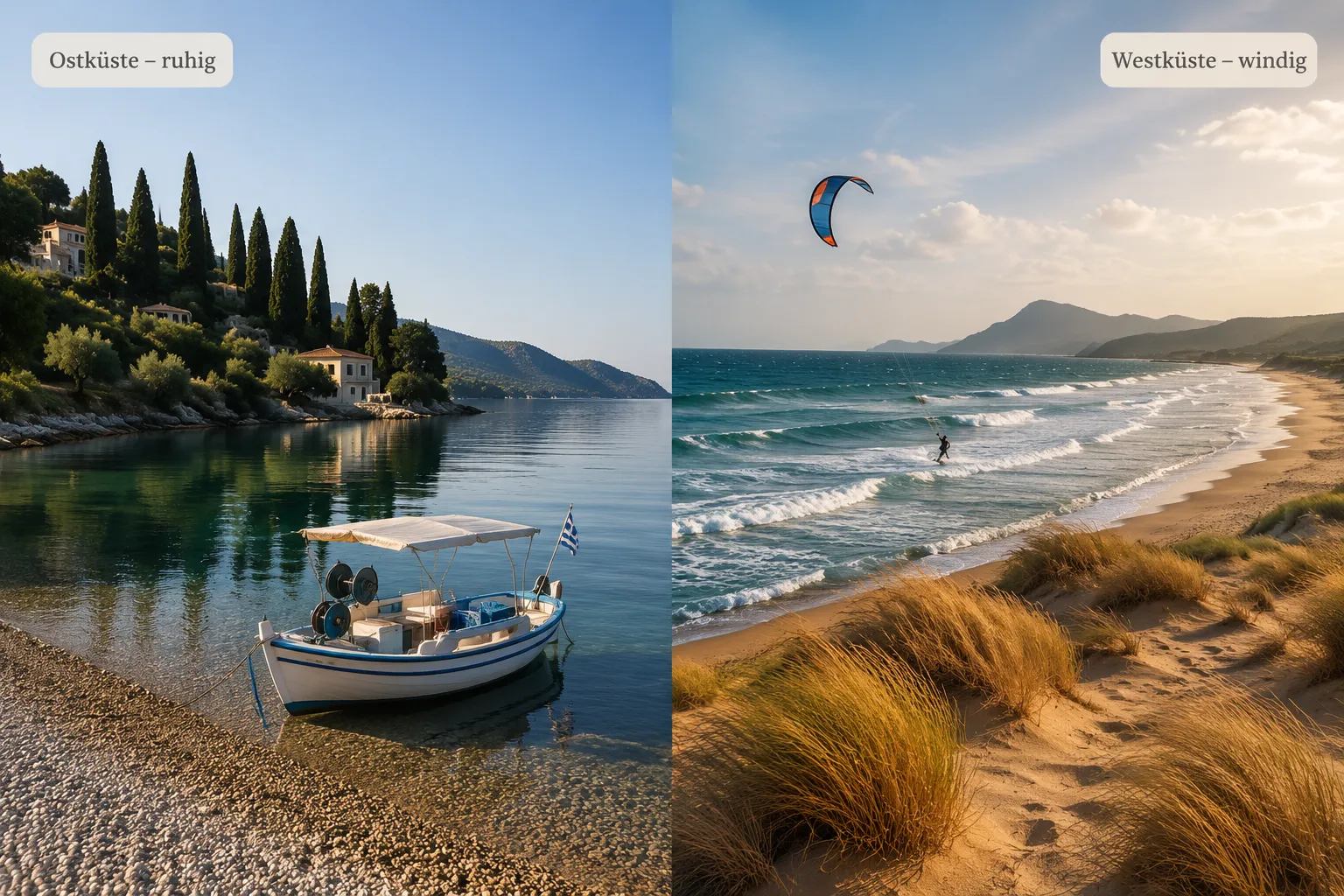 Detailed () editorial comparison image showing a side-by-side visual of Korfu's two coastlines: left panel features the