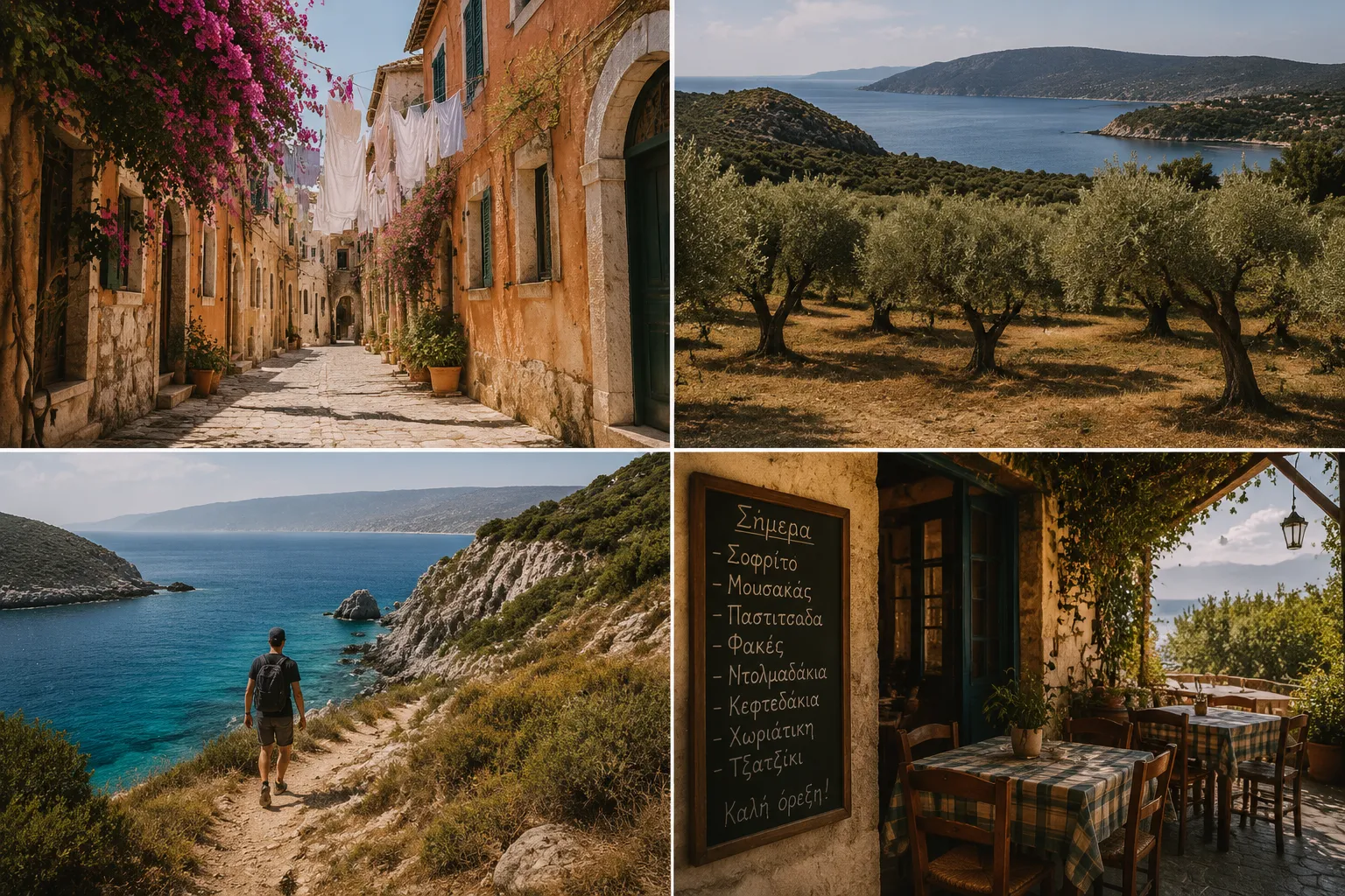 () editorial collage showing four contrasting scenes of quiet Corfu: a narrow cobblestone alley in a traditional Venetian