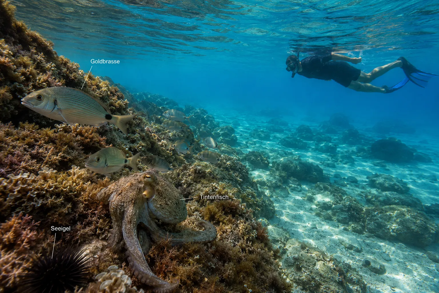 () underwater photography scene showing a diverse coral reef and rocky seabed in the Ionian Sea near Corfu. Multiple species
