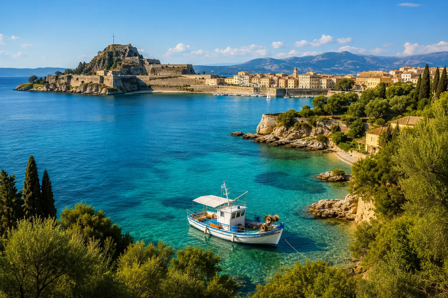 Professional () hero image showing a stunning aerial view of Corfu's turquoise coastline with the old Venetian fortress of