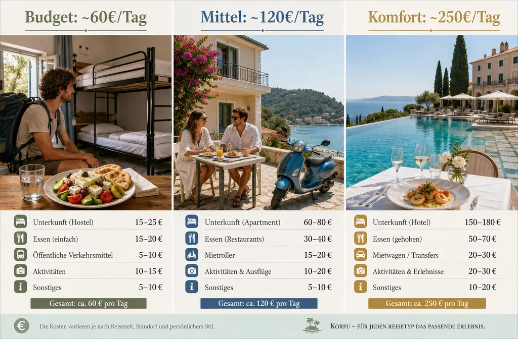 Detailed () infographic-style editorial illustration showing a split-scene budget breakdown for a Korfu holiday: left side