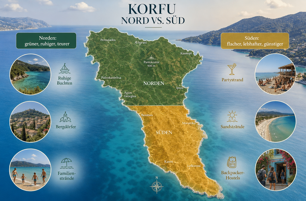 Detailed () infographic-style illustration comparing Korfu Nord vs Süd with a split map of the island: northern half