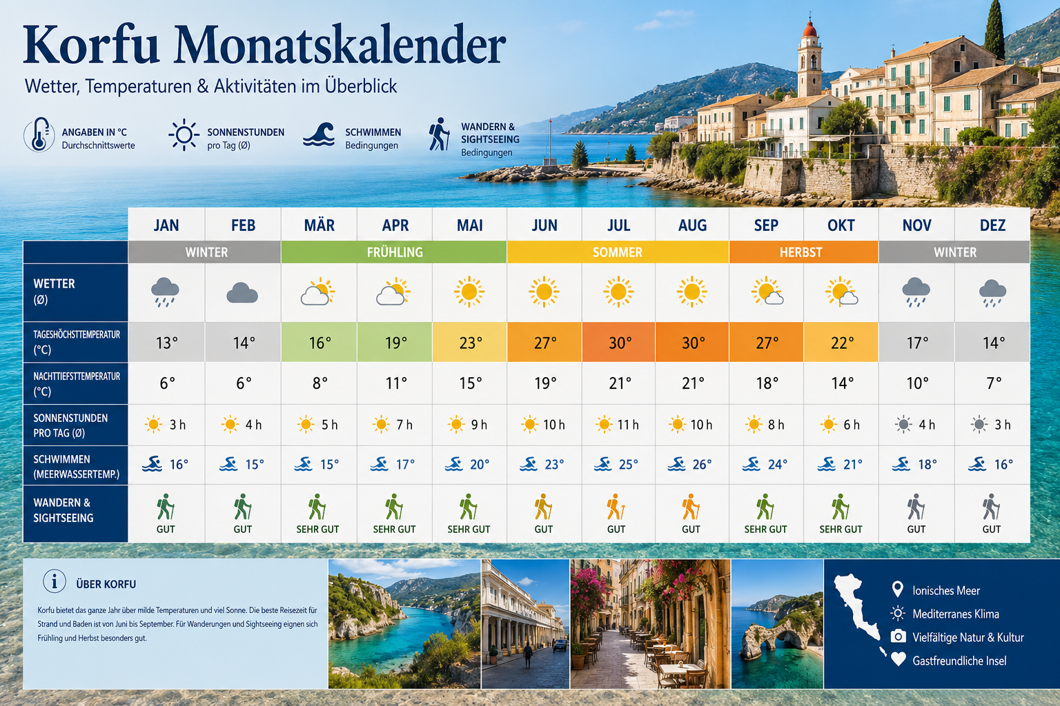 Detailed () infographic-style illustration showing a Korfu Monatskalender (monthly calendar) for the full year with weather